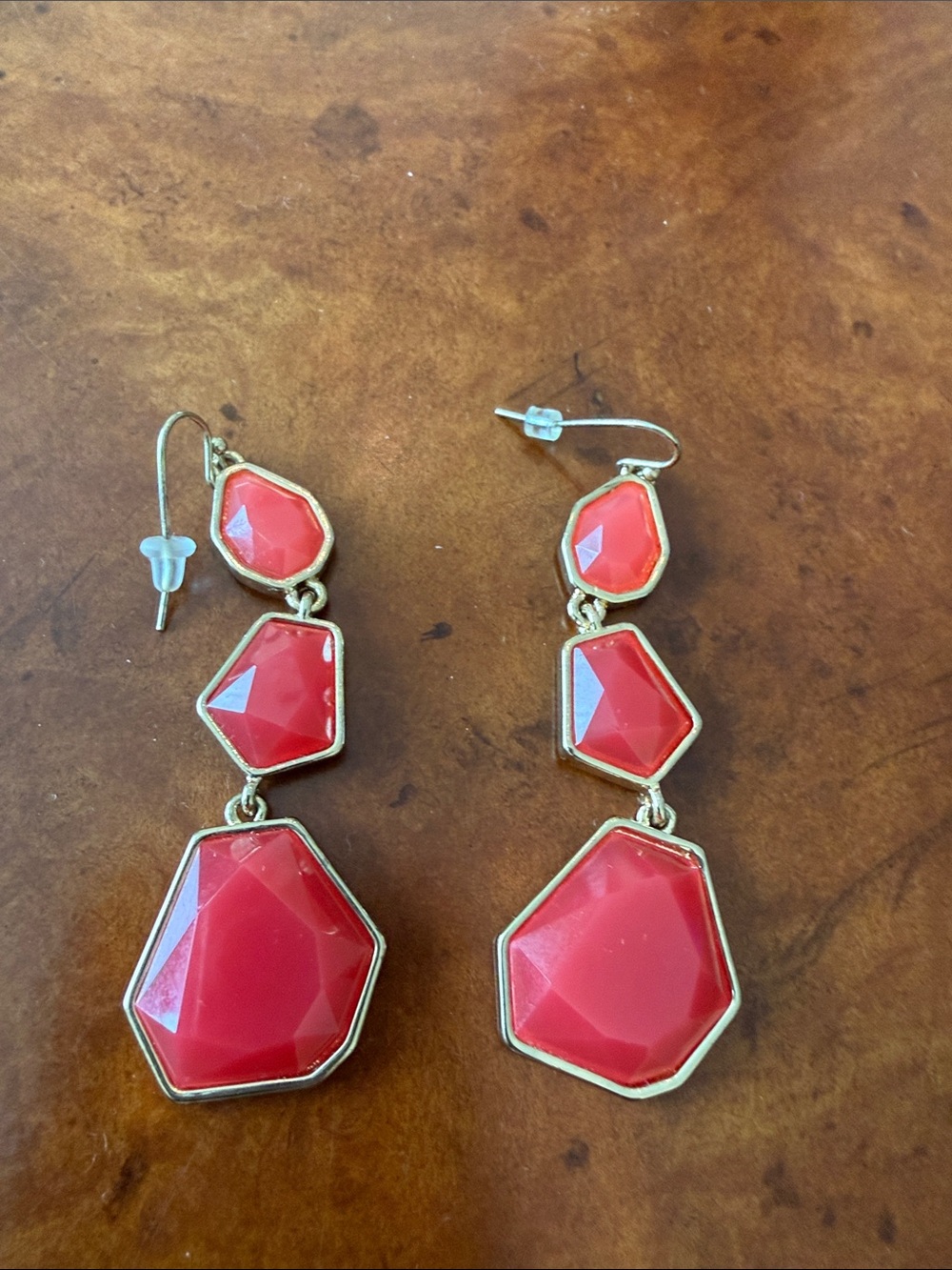Red Geometric Drop Earrings - Gold Frame